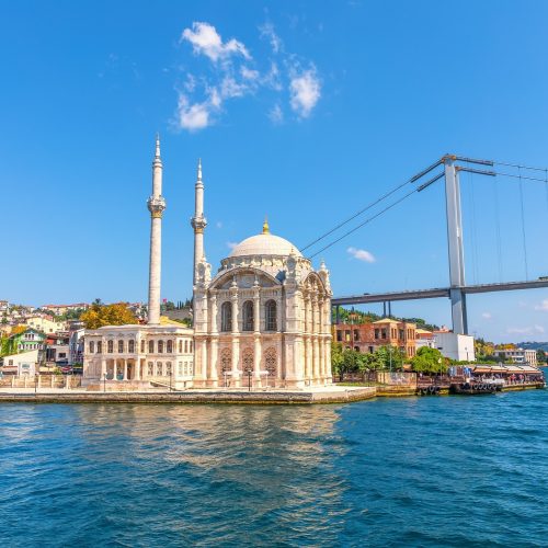 Ortakoy Mosque and view on the Bosphorus bridge in Istanbul.